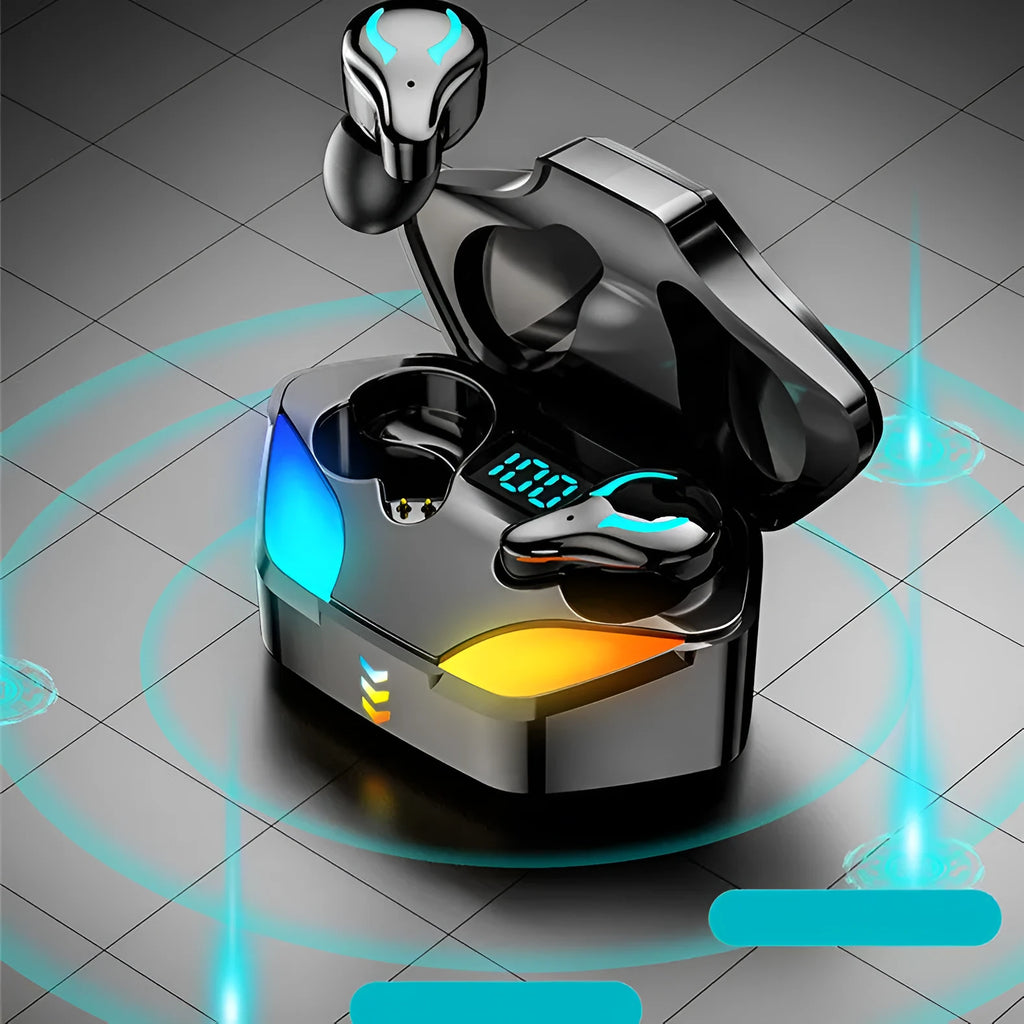 Earplug-style Bluetooth gaming headset with wireless connectivity and battery display