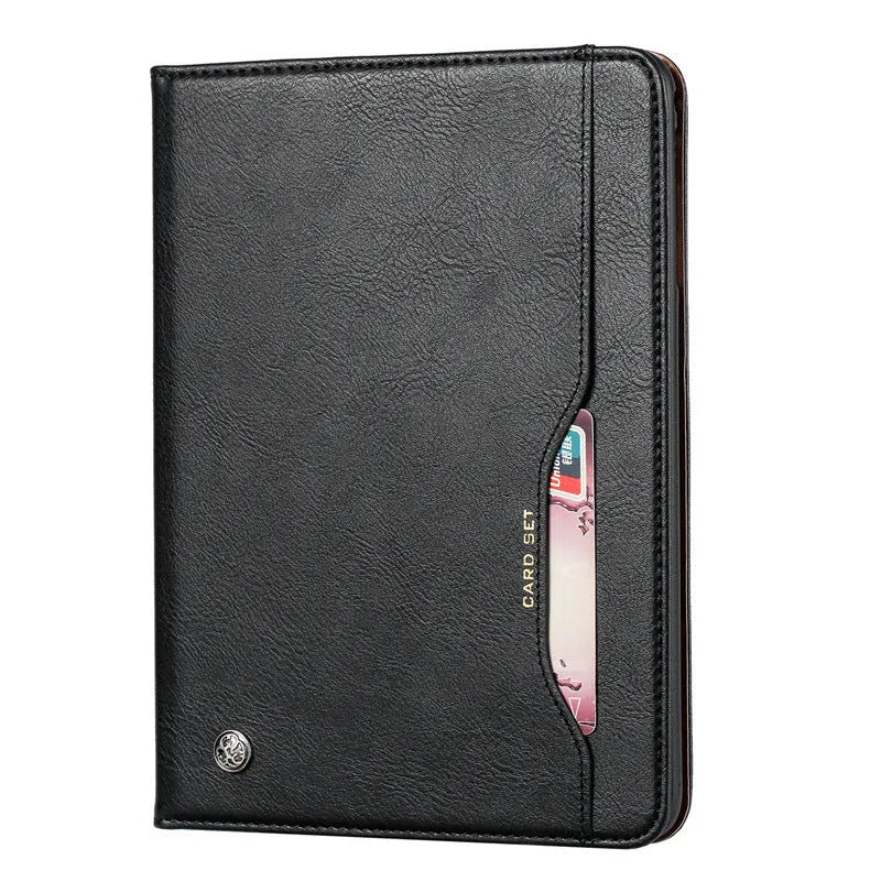 Classic kneading imitation leather iPad flip protective cover in black, open and closed.
