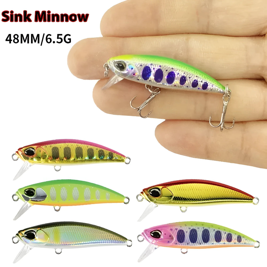 Hard minnow fishing lure measuring 48mm in length, shown in one of 14 available colours.