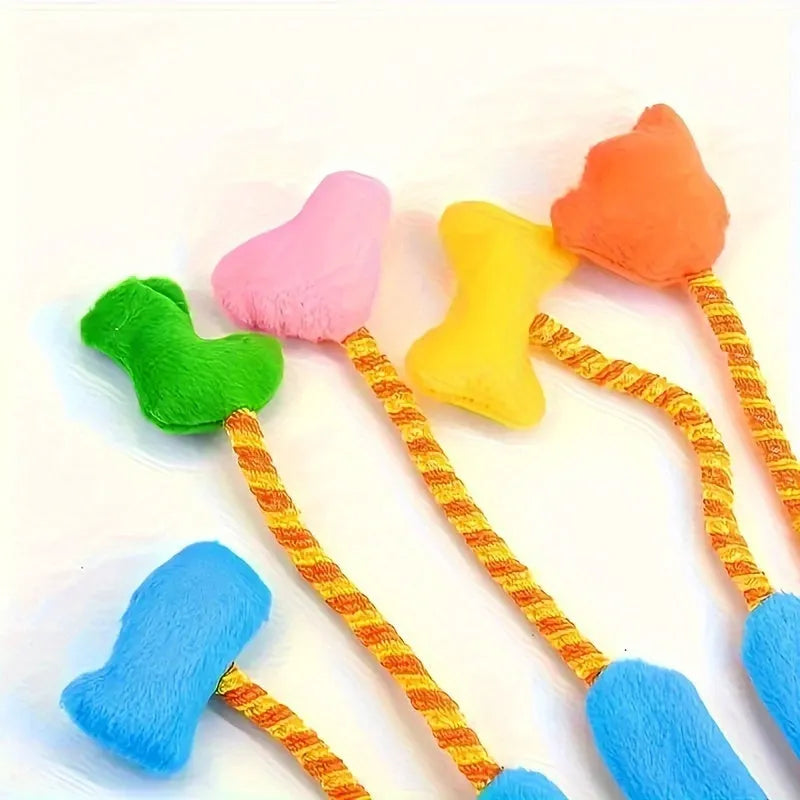 Yellow and blue plush magic glove pet toy with bell for cats, shown at 40 cm length.