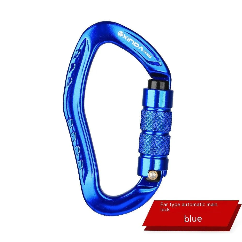 Automatic lock climbing carabiner in multiple colours: black, blue, orange, red, and silver