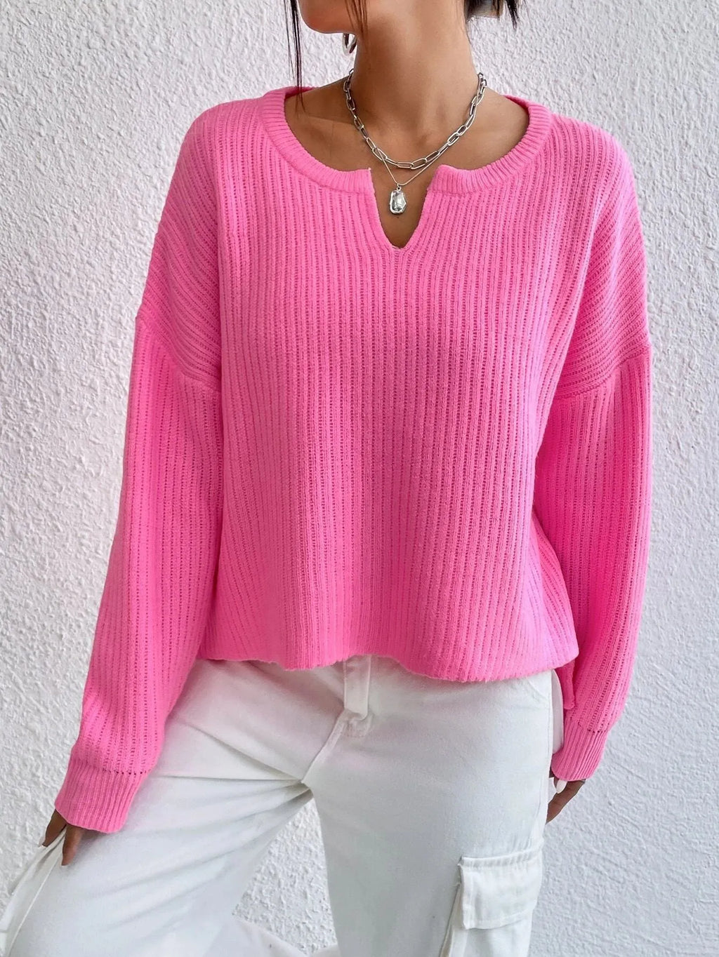 Women's solid colour V-neck loose fit long sleeve pullover sweater in rose red macaron colour