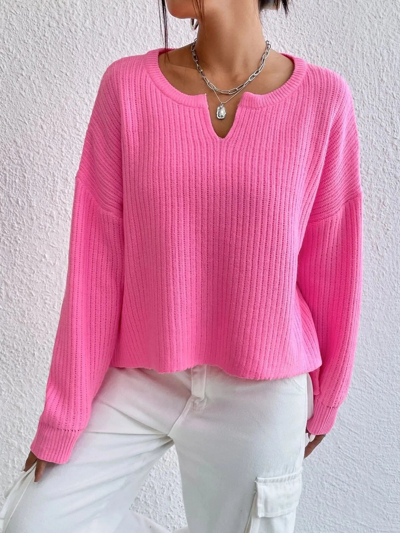 Women's solid colour V-neck loose fit long sleeve pullover sweater in rose red macaron colour