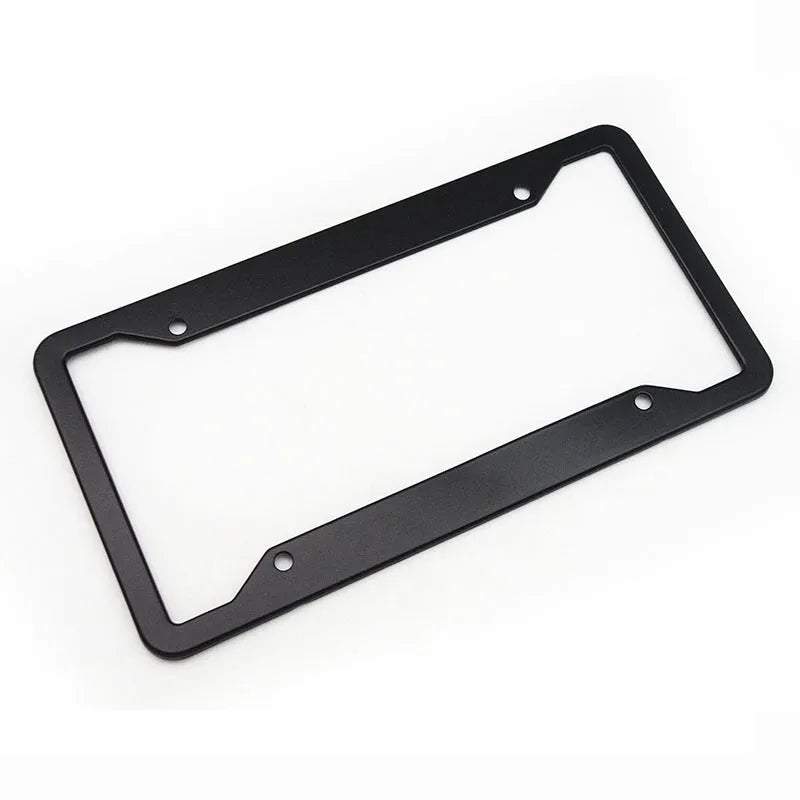 Aluminium alloy and stainless steel license plate frame in black, shown from the front.
