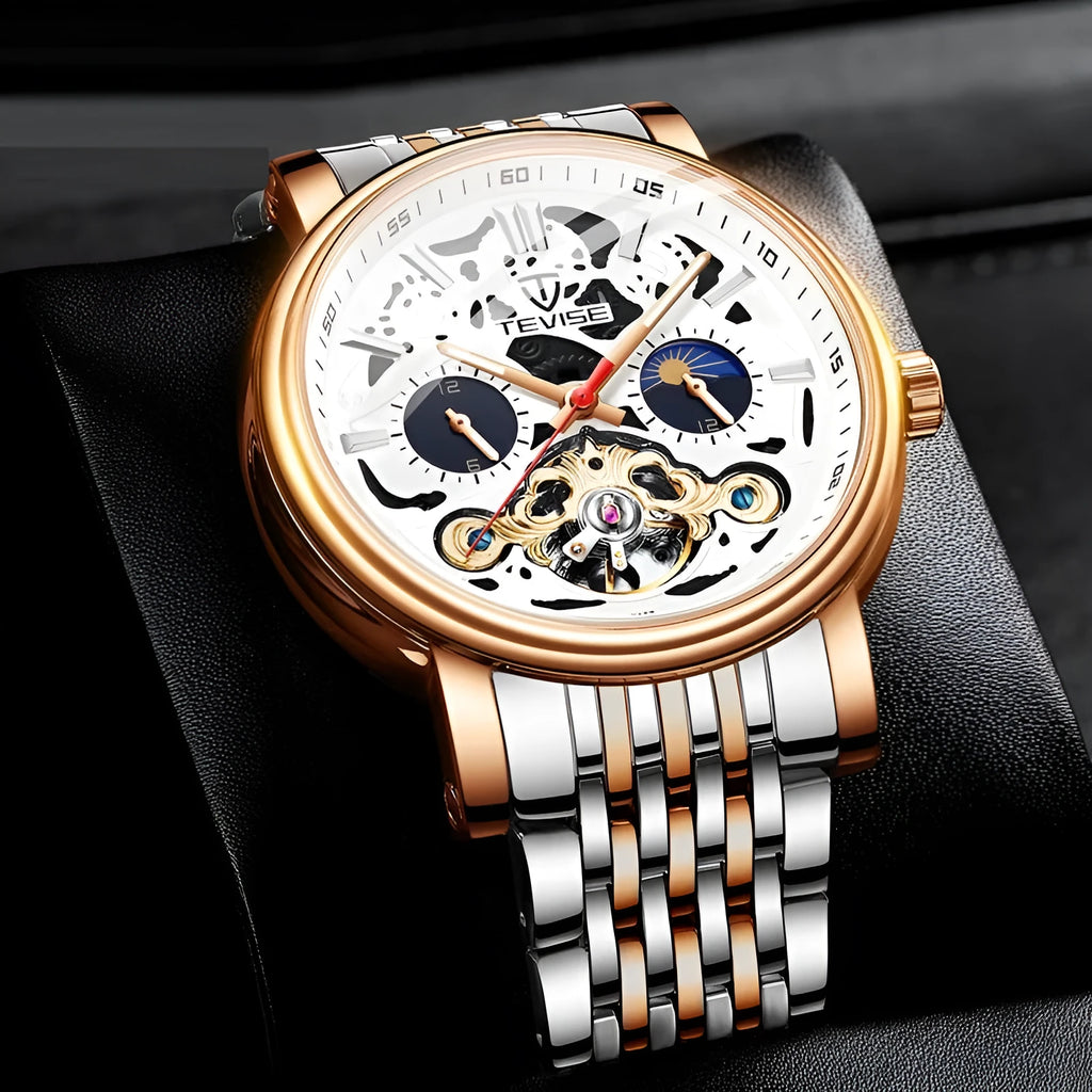 Men's tourbillon mechanical watch with luminous hands on a wrist, showing T867 Black colour option.
