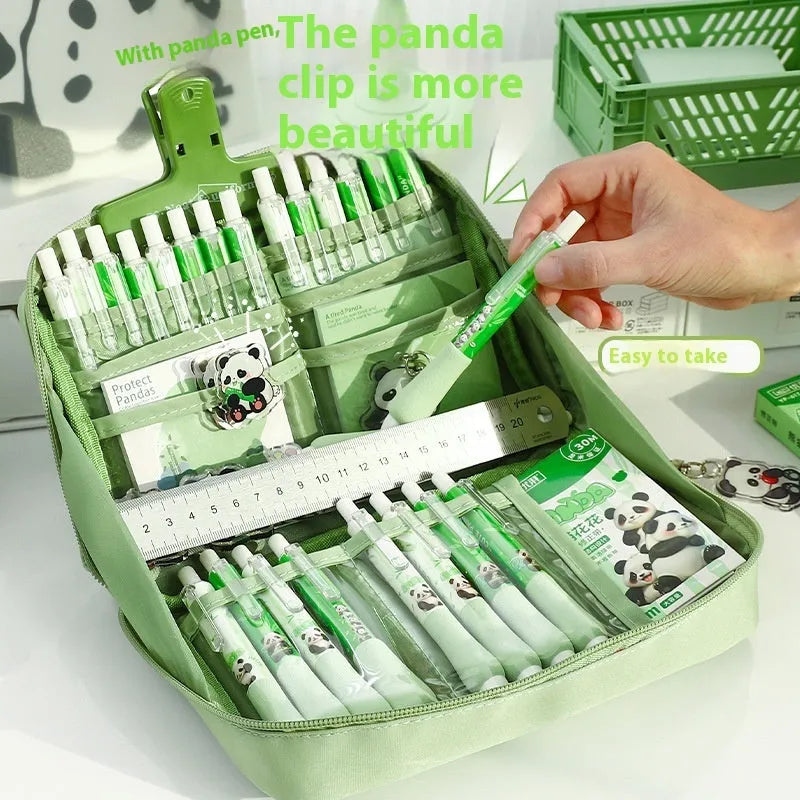 Green canvas 12 layer panda pencil case with large capacity for stationery organisation.