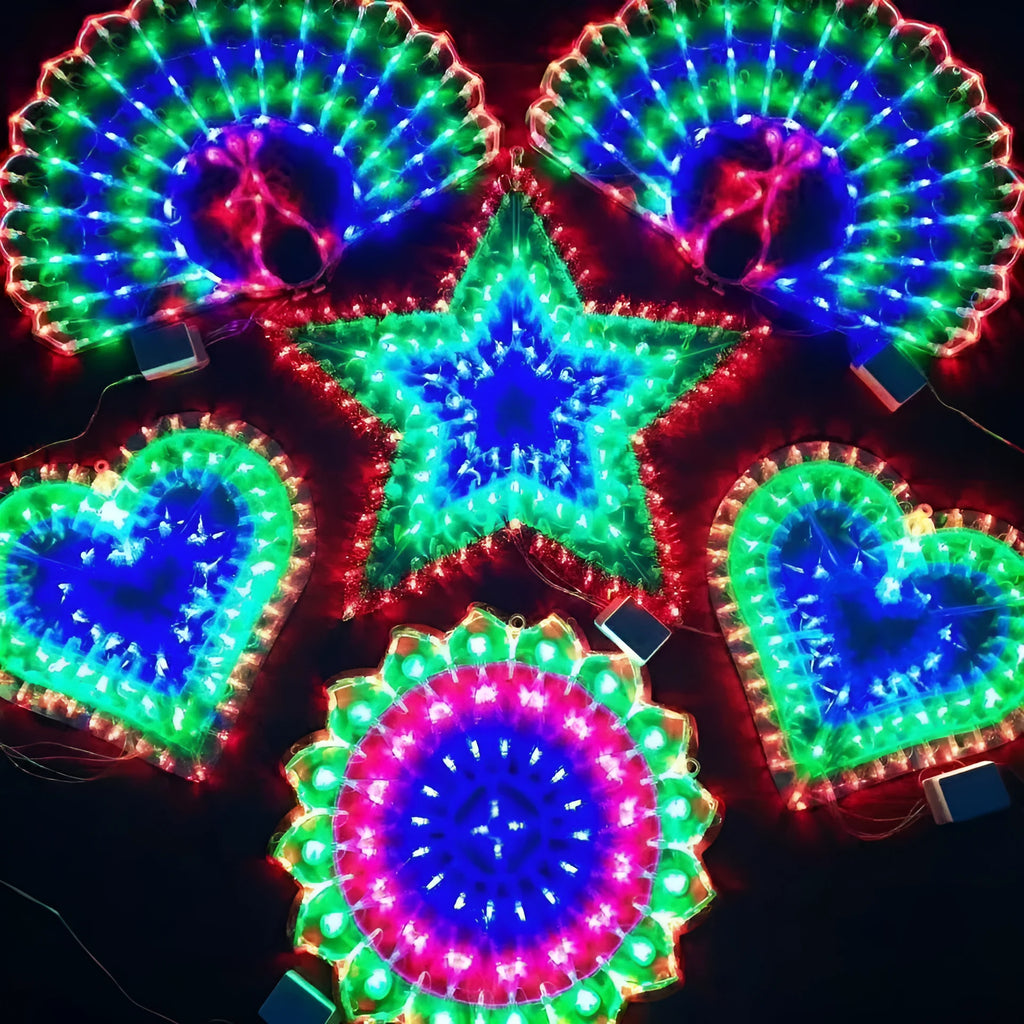 Outdoor Christmas festival string lights with decorative peacock, heart, sunflower and star bulbs