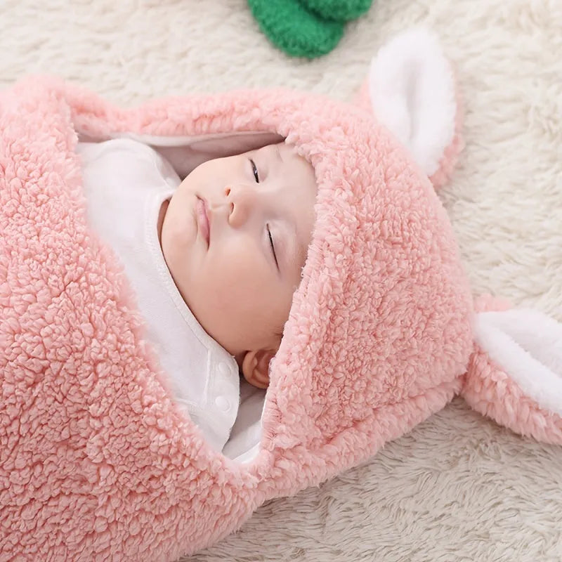 Fluffy fleece baby sleeping bag swaddle in blue with adjustable hook-and-loop closure for newborn
