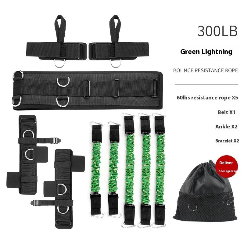 Chest expander elastic fitness belt with red, blue, black, and green sleeves indicating different resistance levels.