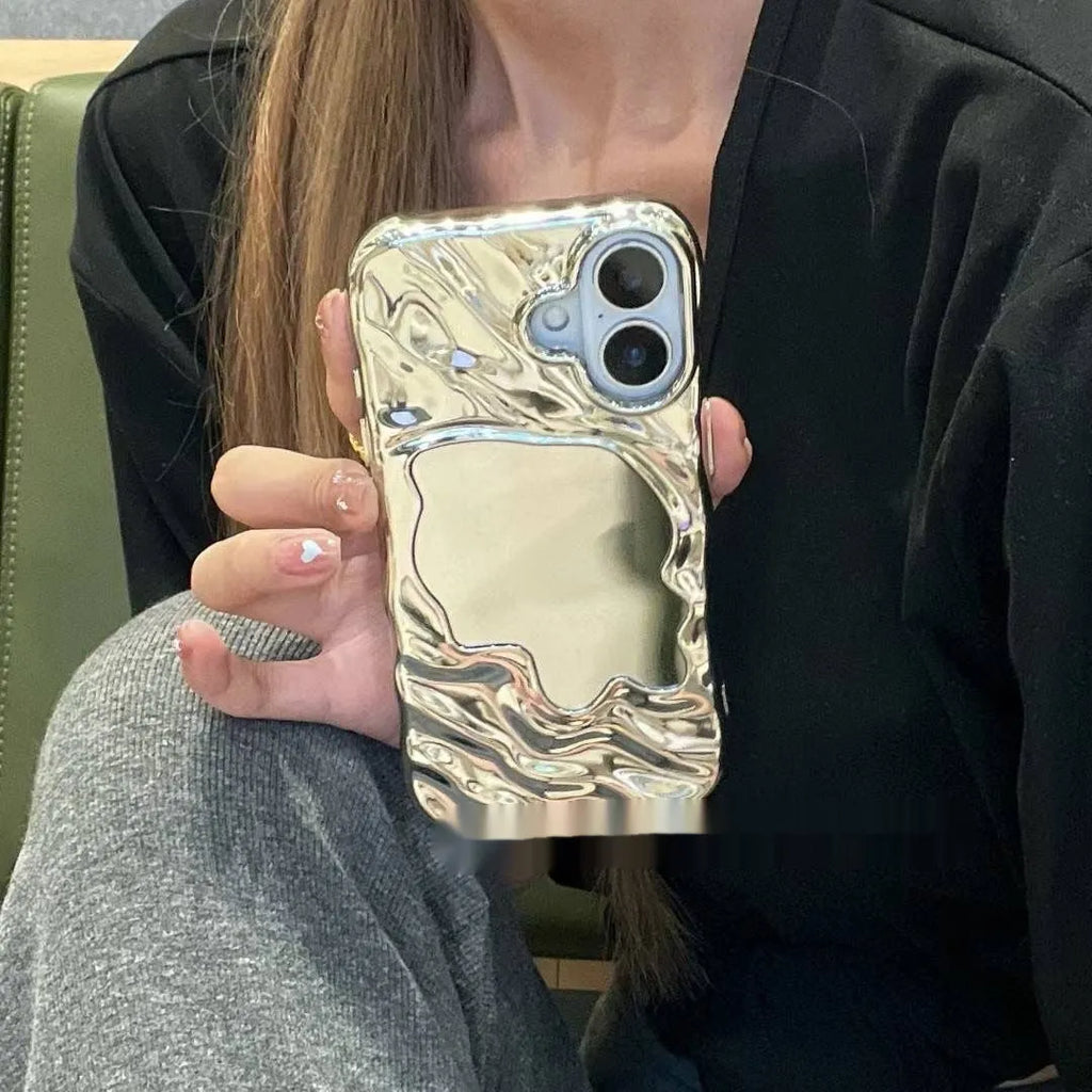 Solid colour iPhone case with a water ripple texture and a reflective mirror back, shown in a beige colour option.
