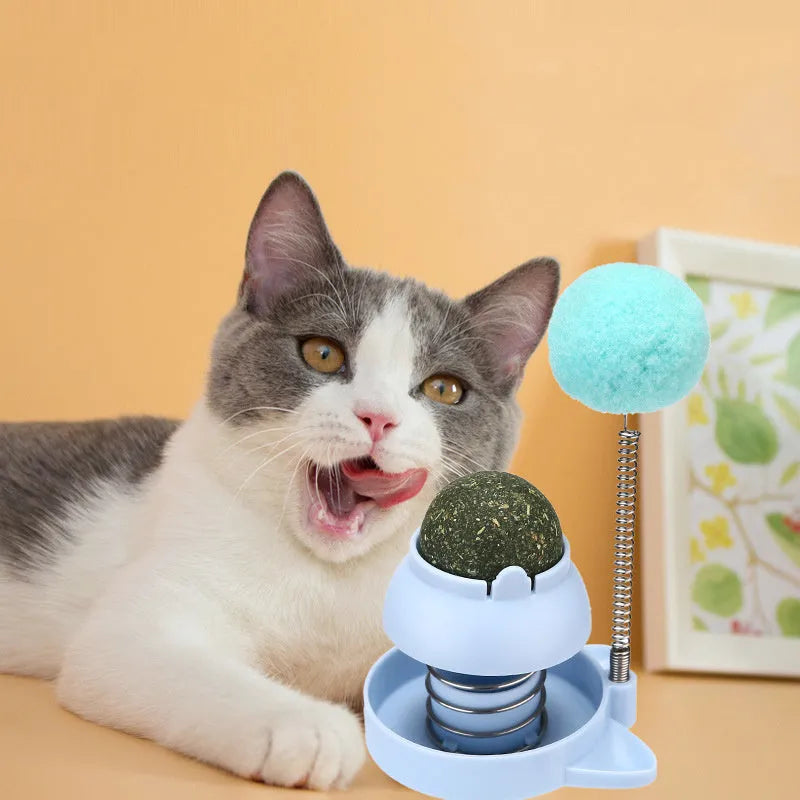 Automated lucky cat cat toy with rotating mint ball in blue, orange and pink colours