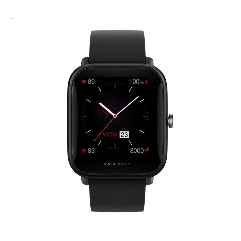Amazfit Pop Pro smartwatch with colour screen and silicone strap, showing GPS and waterproof features