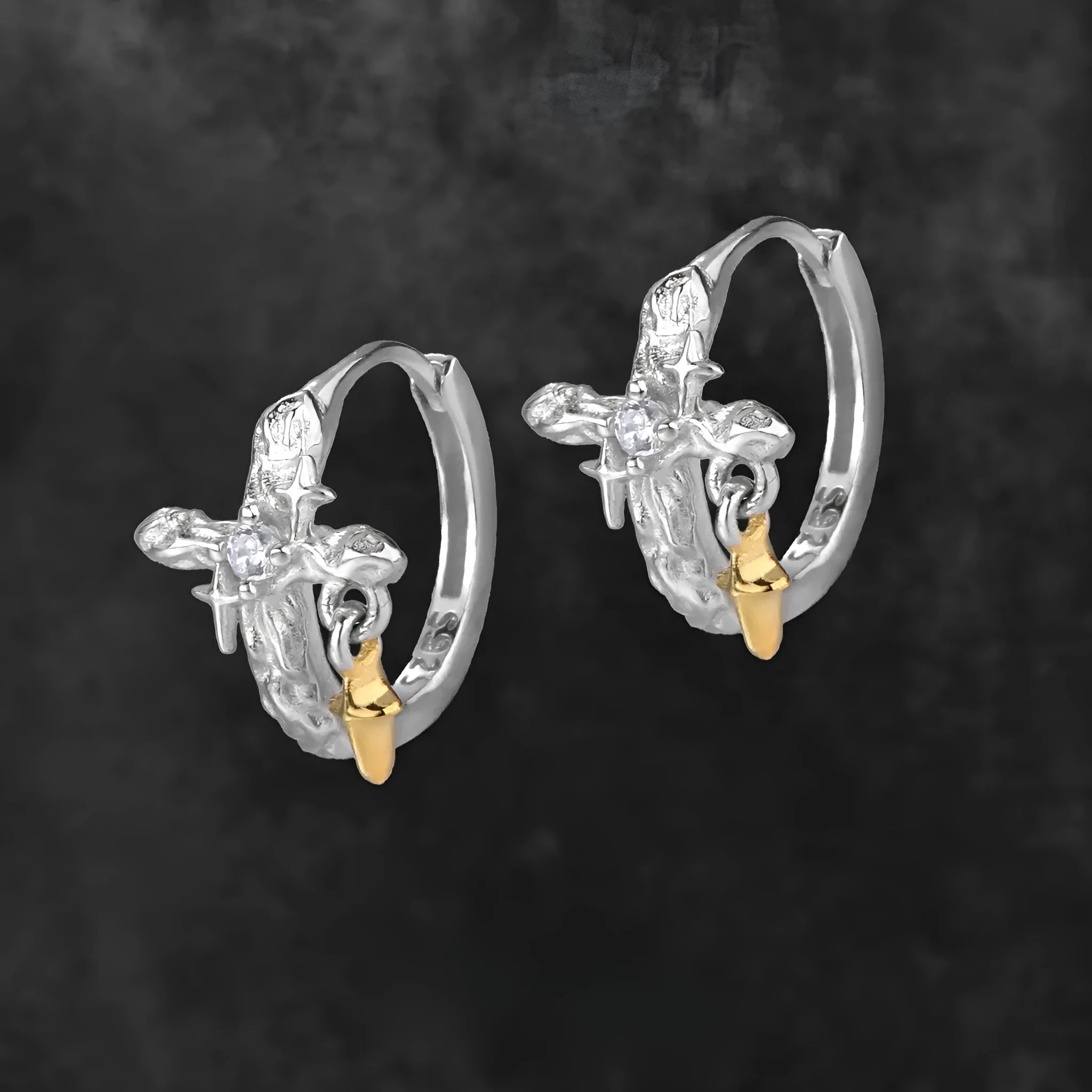 925 sterling silver cross earrings with white gold colour finish and geometric round design