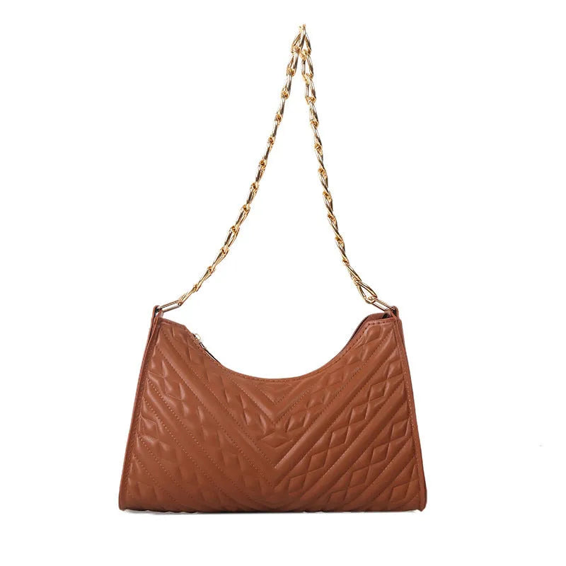 Brown pleated chain baguette shoulder bag showing vertical square shape and soft carry handle