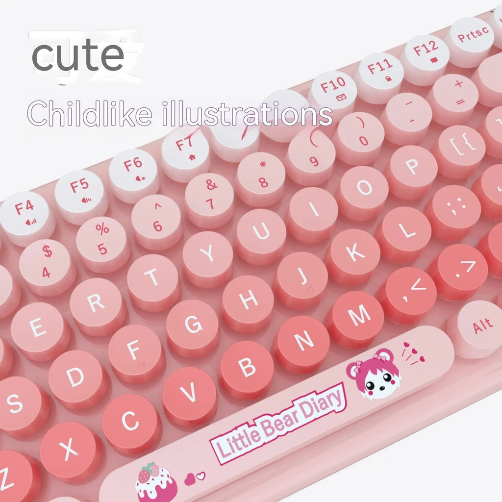 Candy Pink wireless keyboard and mouse set on a desk, showing compact size and USB receiver.