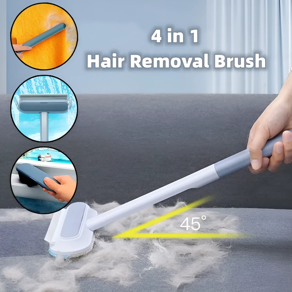 Multifunctional hair removal and window screen cleaning brush with blue flannel head and white plastic handle.