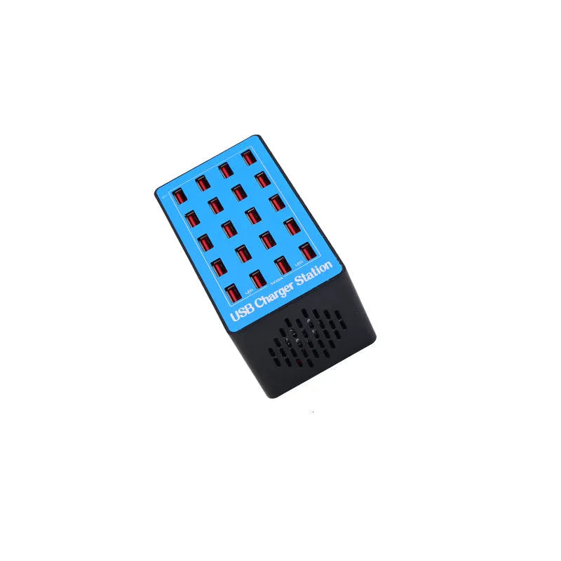 Blue A5 20-port USB charging station with multiple plug options and PC ABS fire retardant casing