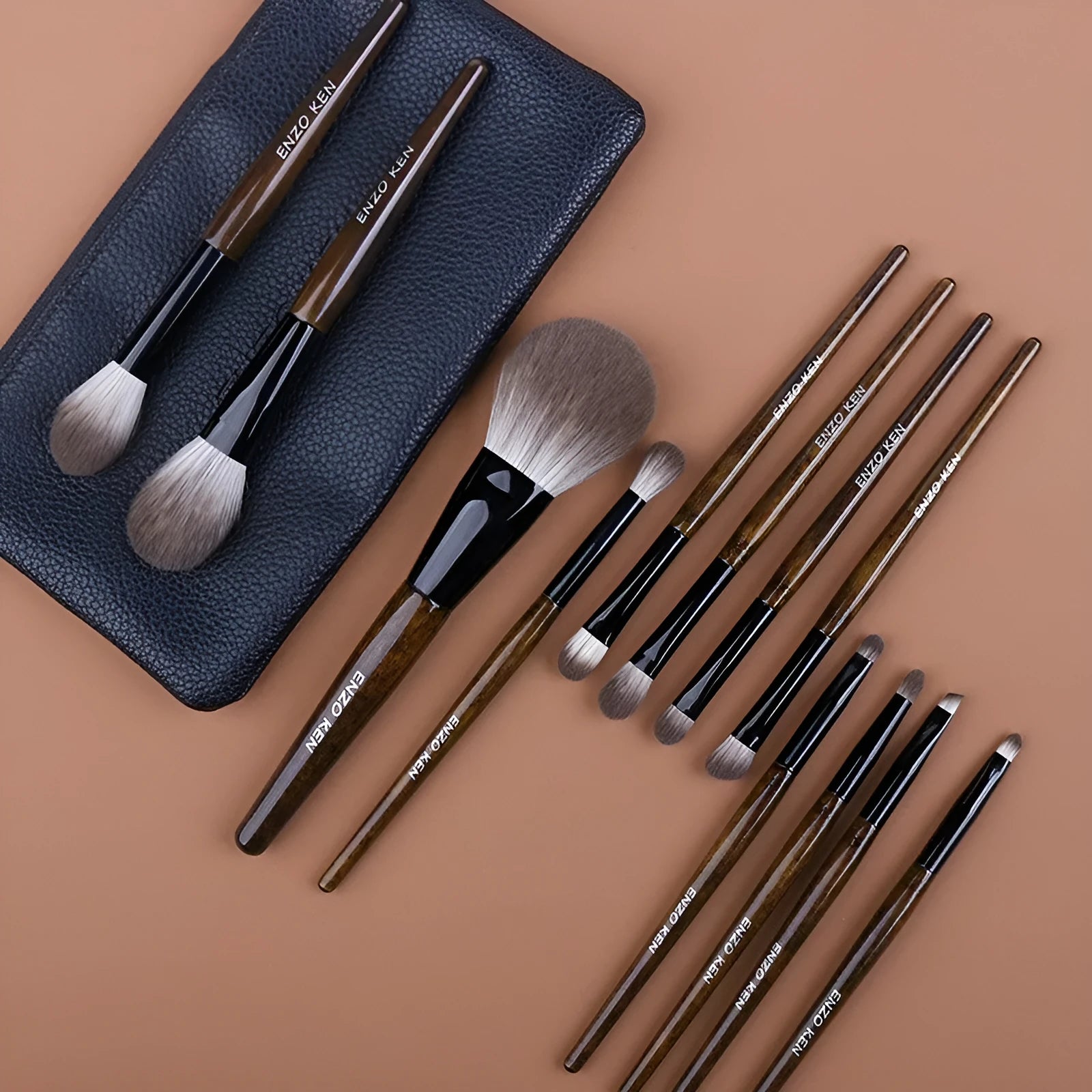 12-piece makeup brush set with wooden handles in portable PU case
