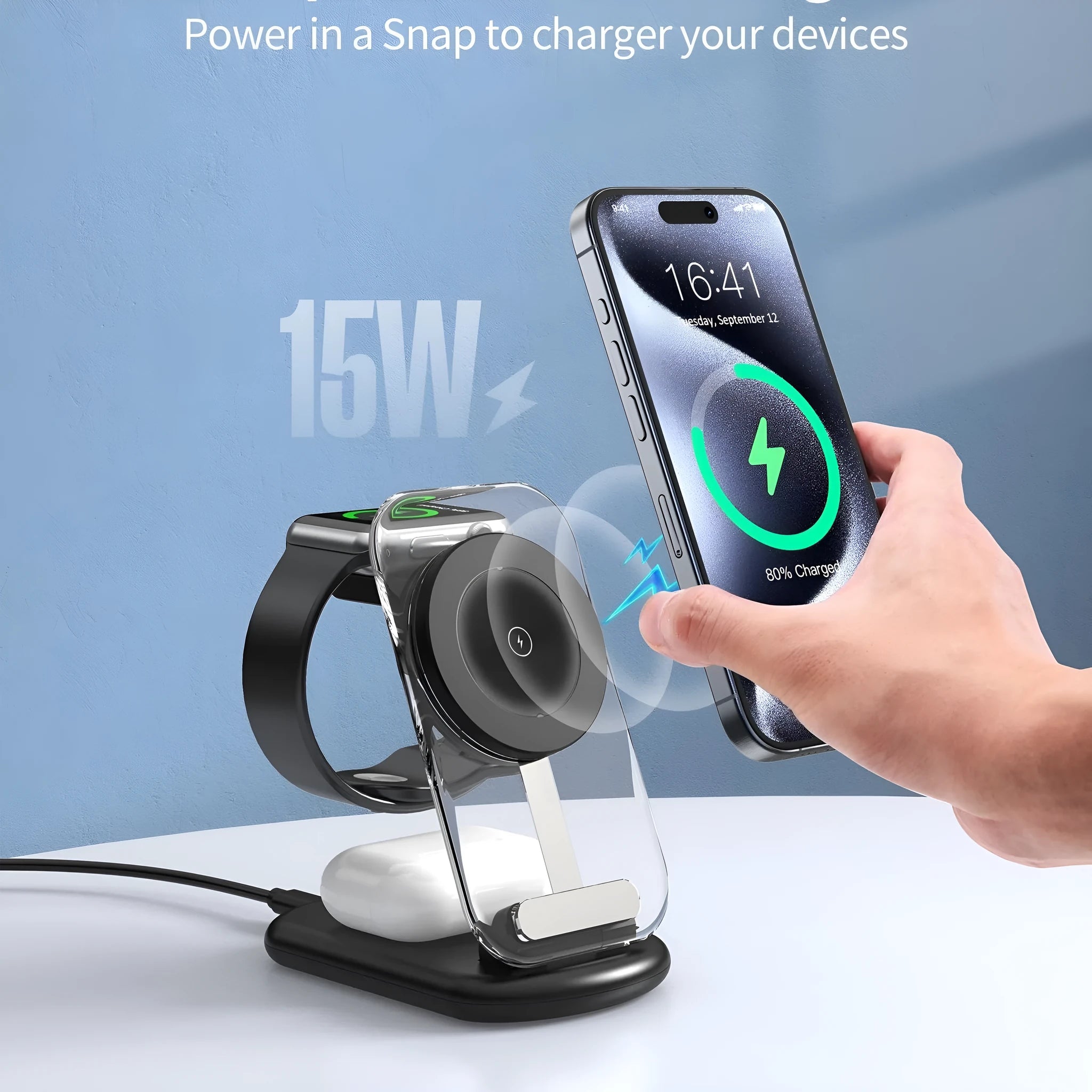 Transparent folding magnetic three-in-one wireless charger in black on a table