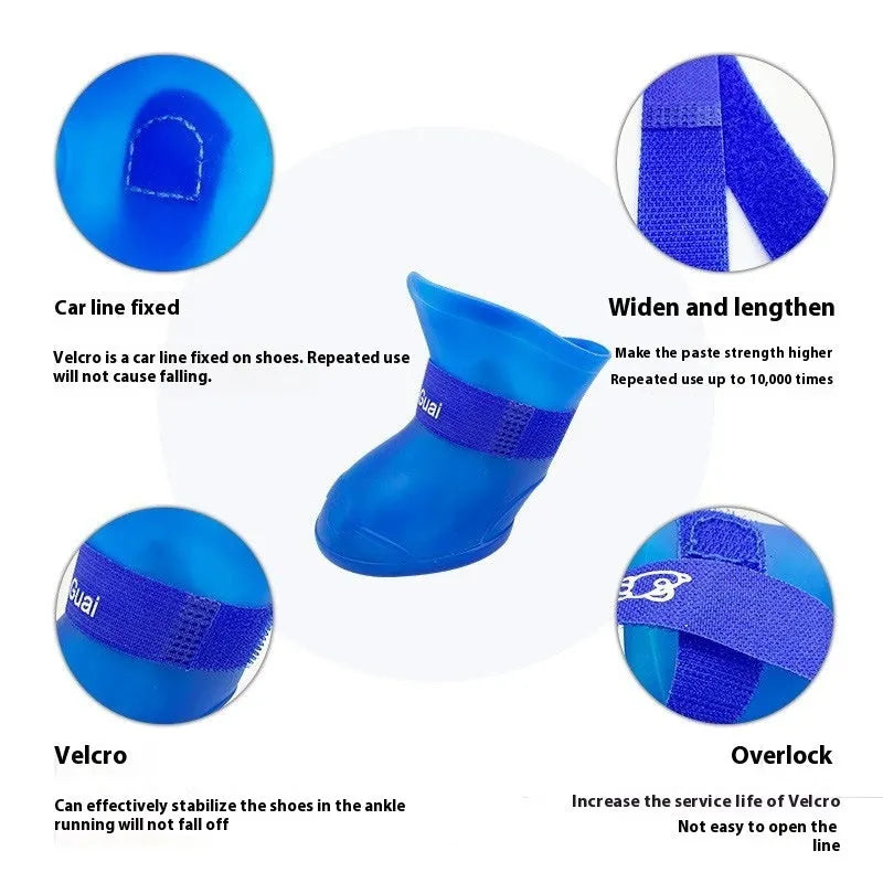 Set of four anti-slip pet rain shoes in various colours with rubber soles for waterproof dog paw protection.