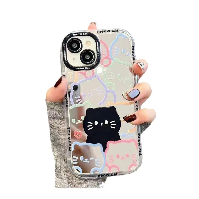 Linear cat pattern cosmetic mirror phone case with sticker for Apple 14 Pro, shockproof PC material