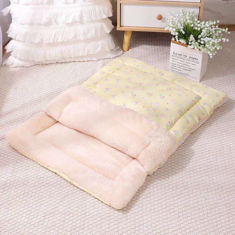 Foldable cat bed sleeping bag with detachable mat in North Pole Wool and Twill Fabric, Pink and Yellow, sizes M and S