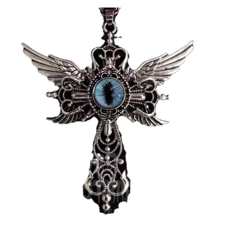 Geometric devil wings cross pendant necklace in alloy metal on a chain.