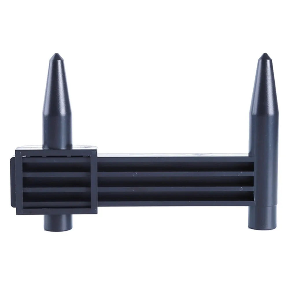 Plastic electronic digital caliper hole distance measuring tool with digital display on a work surface.