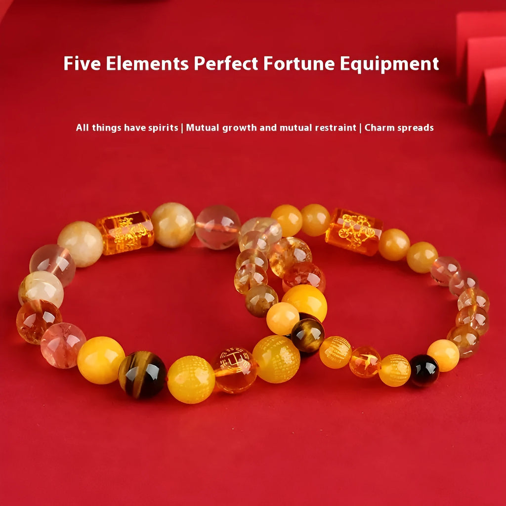 Five Elements natural crystal bracelet with gold wood water fire soil colours, round geometric shape, handmade national style