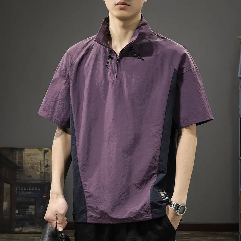 Men's brown half-zip stand collar short-sleeved shirt made from ice silk fabric