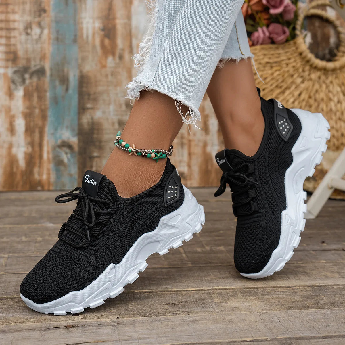 Women's Flyknit mesh casual shoes with lace-up front and plastic sole in multiple colour options