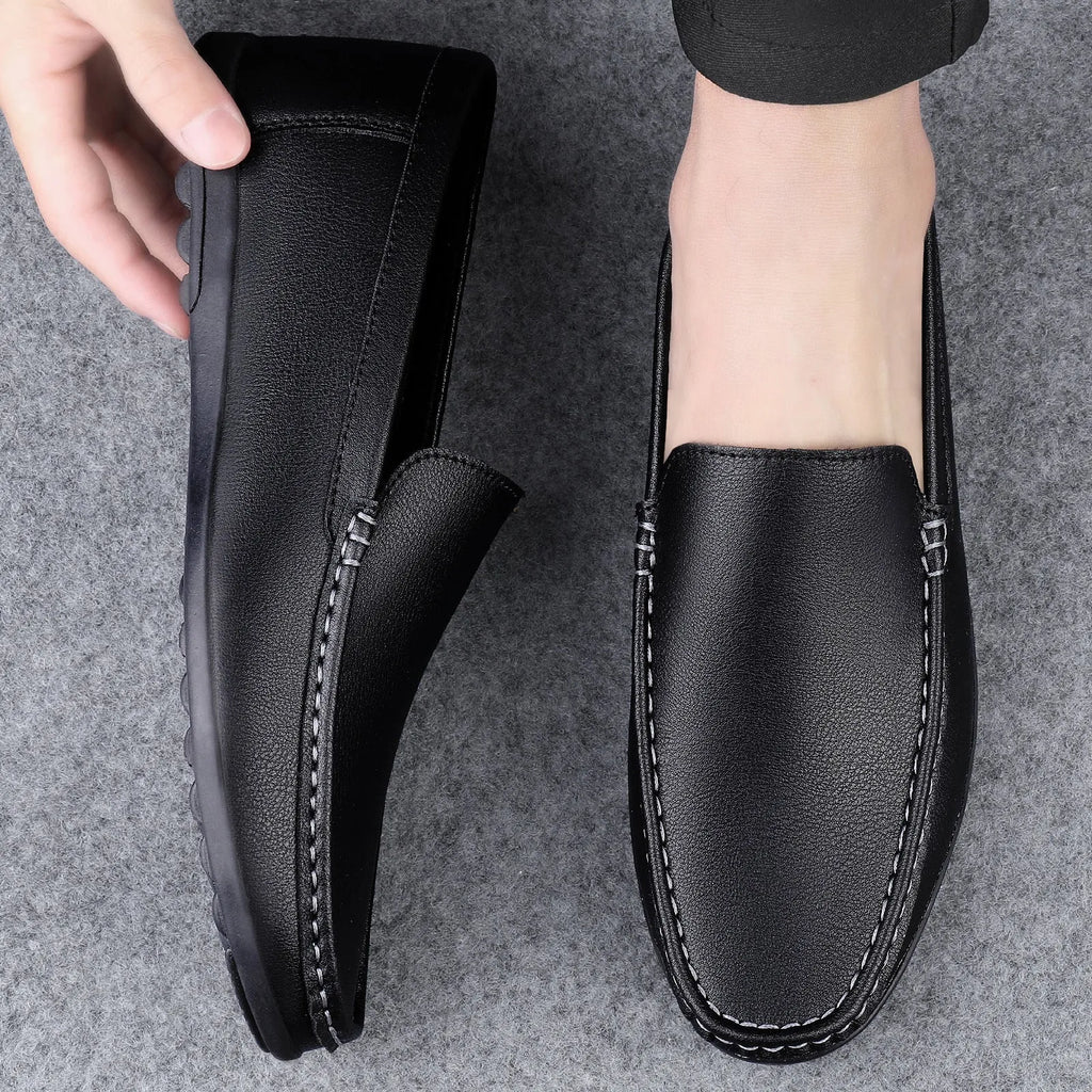 Men's white casual loafers low-top soft bottom flat heel stitched rubber sole side view