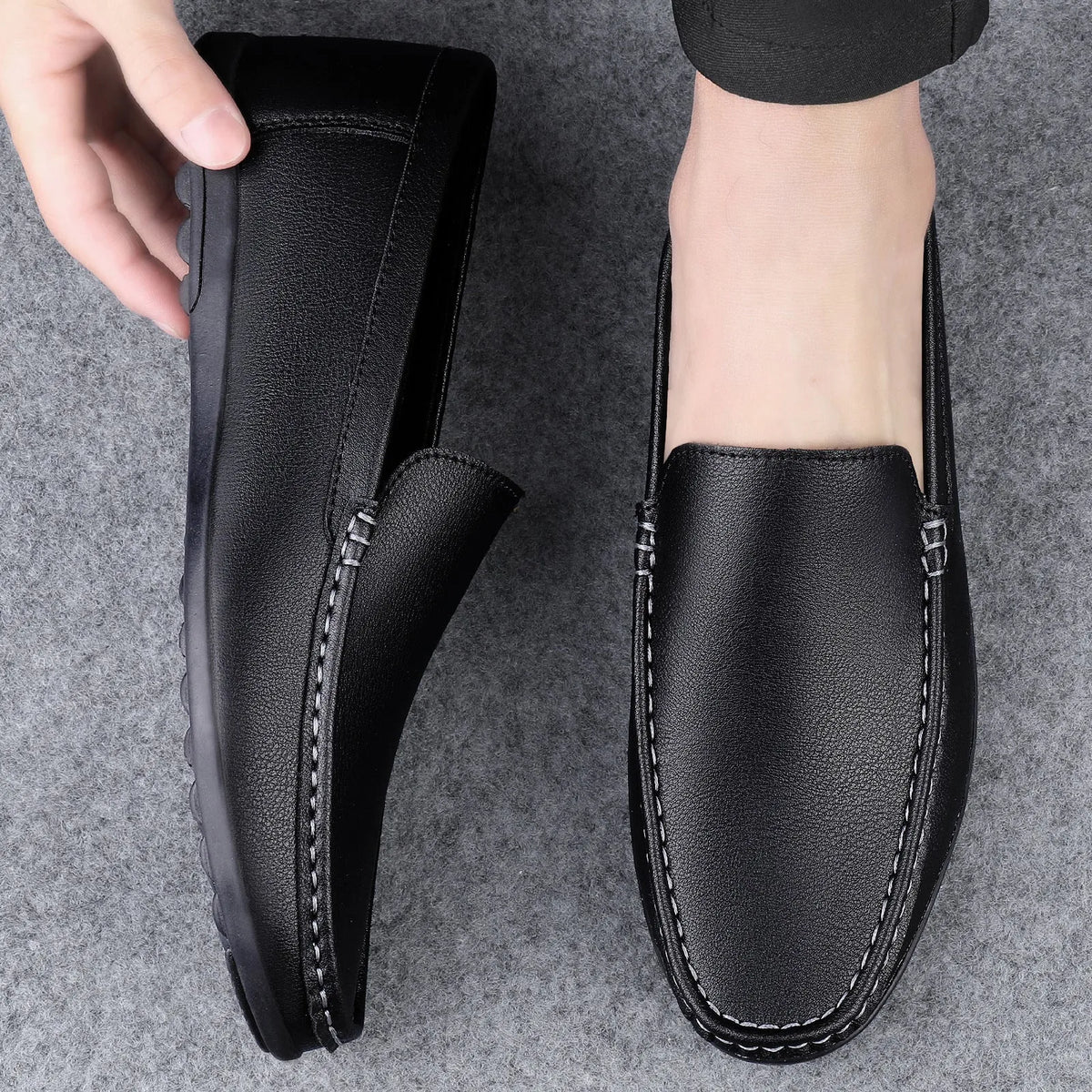 Men's white casual loafers low-top soft bottom flat heel stitched rubber sole side view