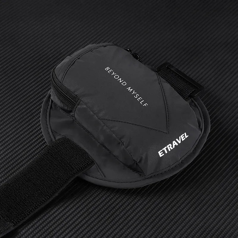 Lightweight reflective running arm bag with adjustable strap, shown in black colour.