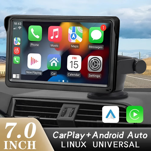 7-inch car dashboard display screen with wireless CarPlay support and HD resolution