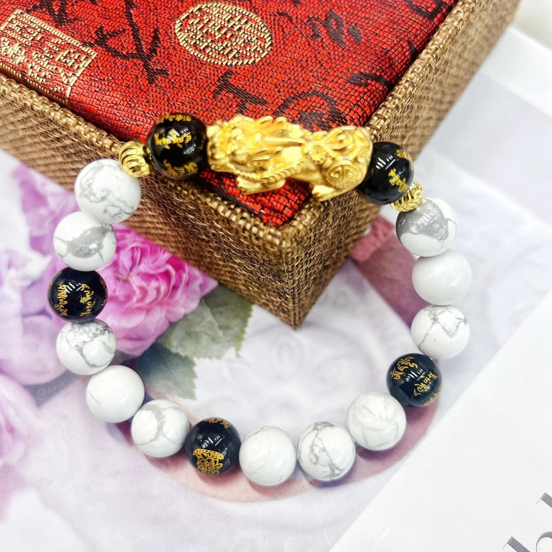 Handmade vintage bracelet with white turquoise and black agate stones for couples