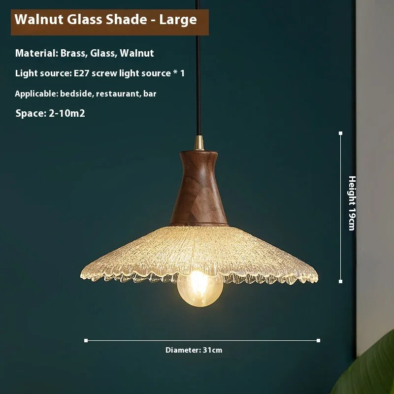 Retro brass and glass chandelier with solid wood body in three size options