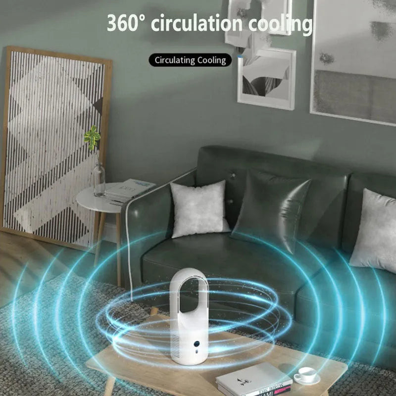 White USB rechargeable bladeless desktop fan with LED display on a wooden desk.