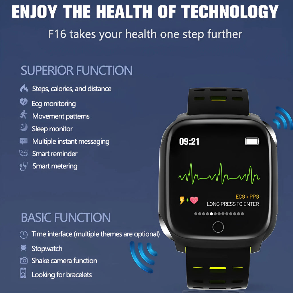 F16 smart watch with ECG, blood pressure, and heart rate monitoring on wrist