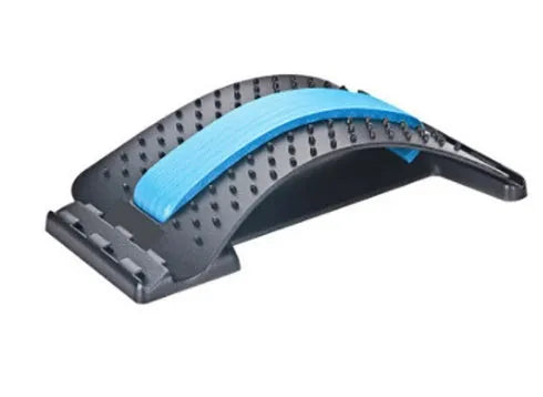 Adjustable back stretcher and waist massager with multiple massage heads in selectable colours.