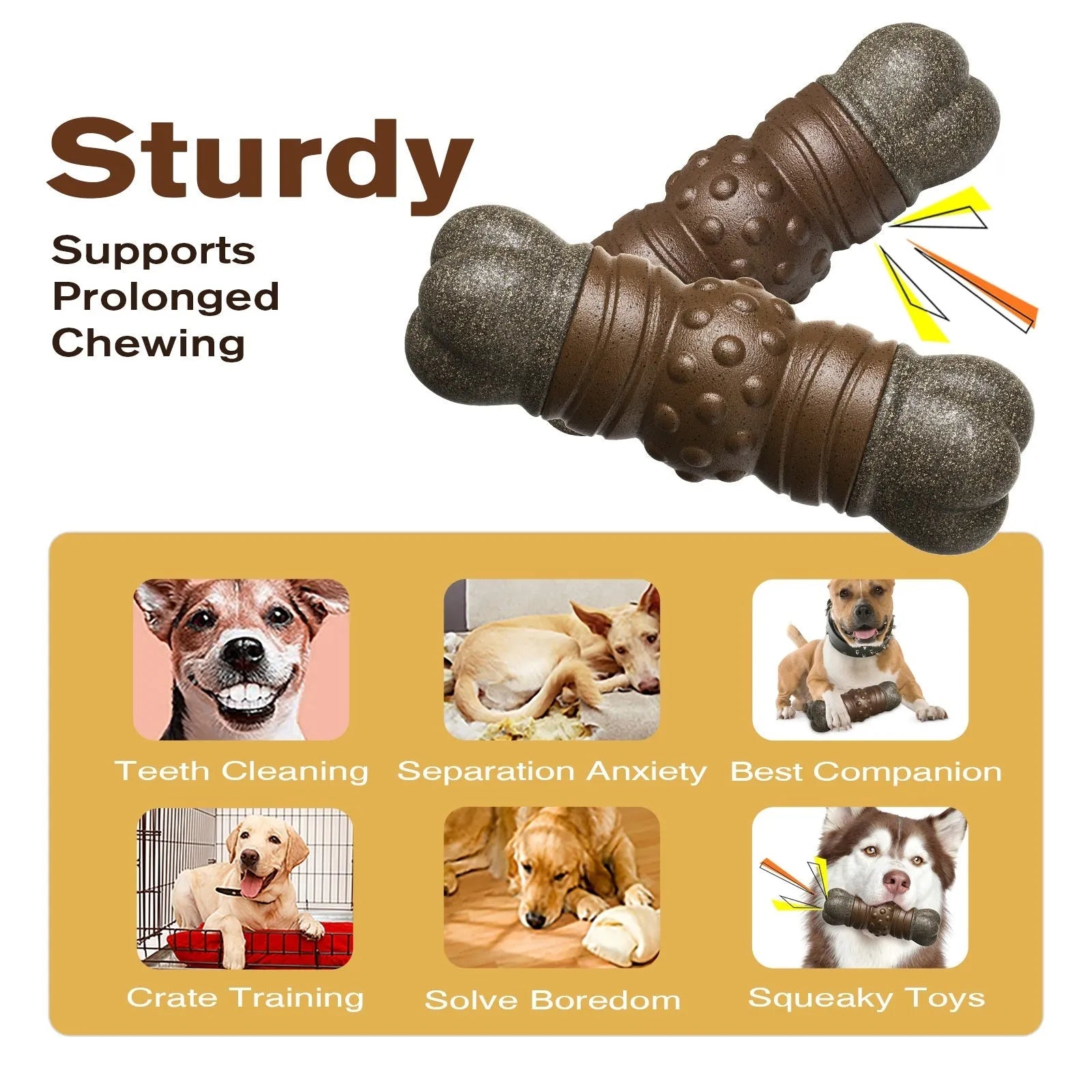Wood colour plastic dog toy shaped as a sounding bone with textured ridges for dental cleaning.