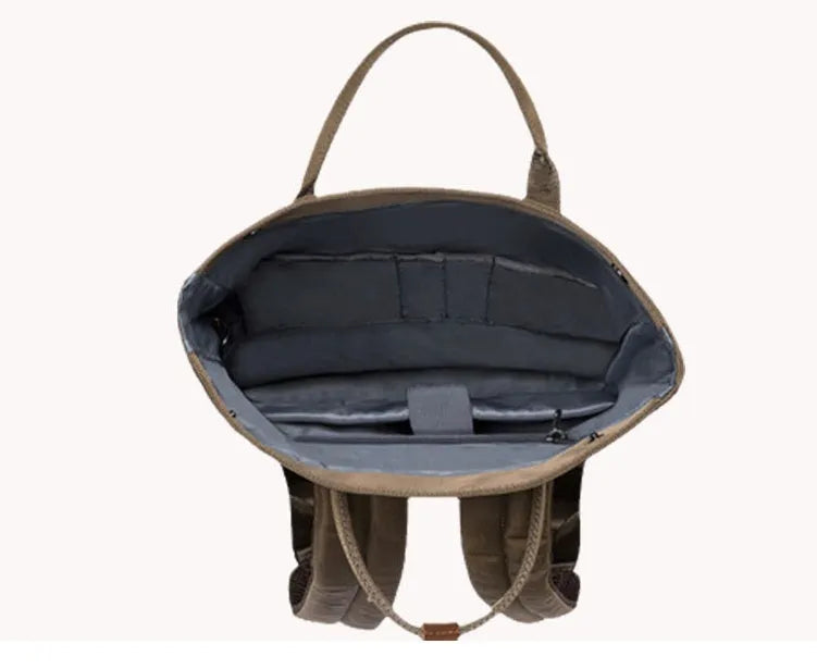 Casual black polyester backpack with a cover flap, showing internal computer pocket and zipper pocket.