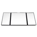Silver car folding makeup mirror shown closed at 15.5 cm and opened at 30.5 cm wide.