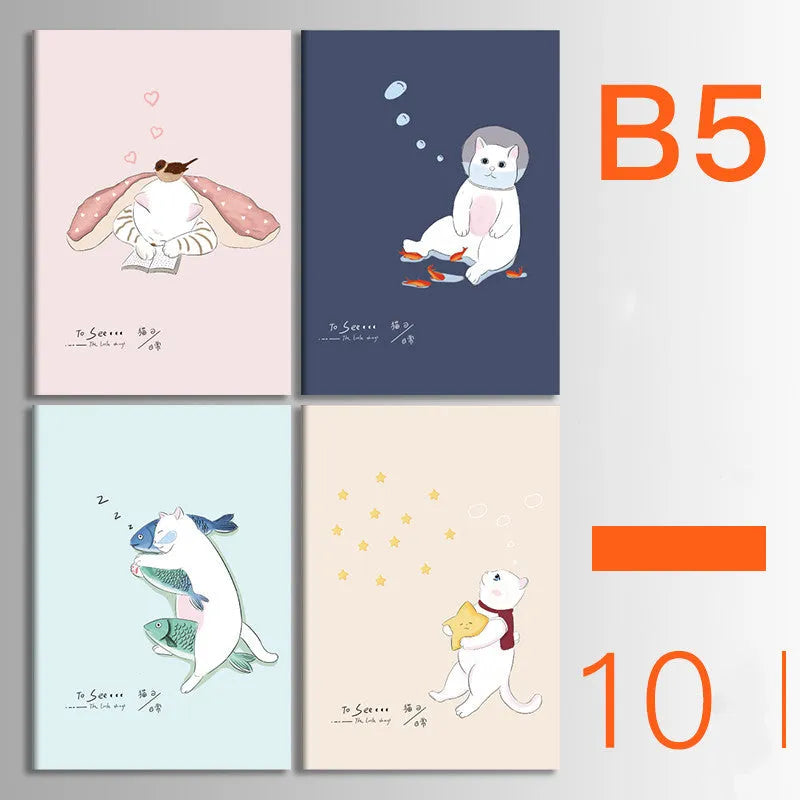 Ten soft cover thread-bound notebooks in A5 and B5 sizes with various designs
