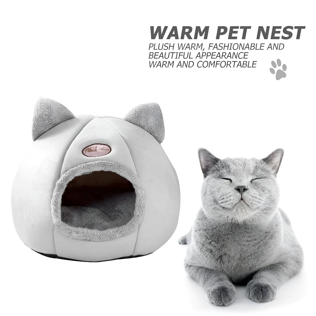 Large grey enclosed sofa-style winter nest cat bed for indoor cats, showing removable fleece lining.