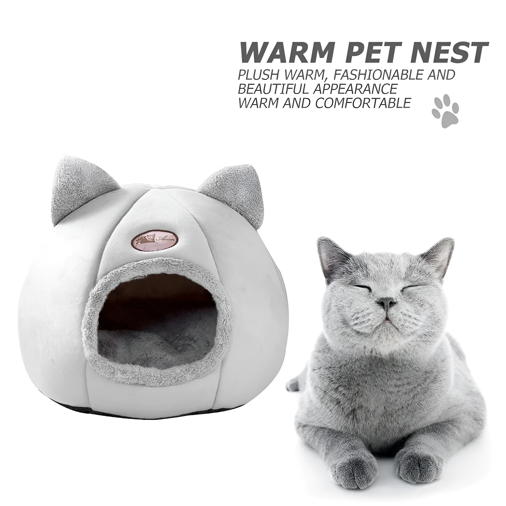 Large grey enclosed sofa-style winter nest cat bed for indoor cats, showing removable fleece lining.