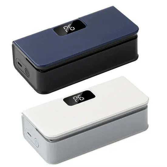 Small portable manual heat sealing machine for plastic snack bags in white or blue.