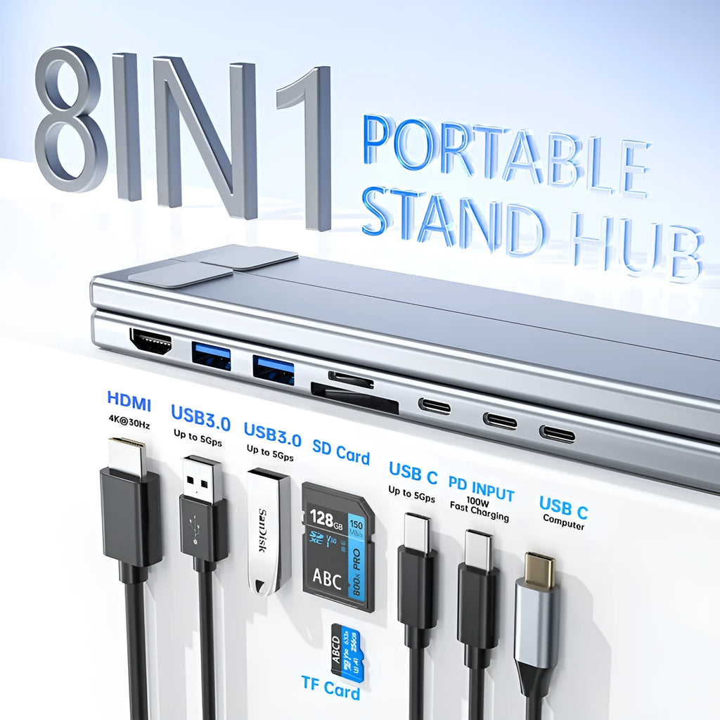 Aluminium alloy folding laptop docking stand with multi-port hub, shown in open and closed positions.