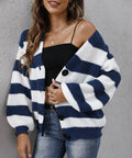 Women's striped deer plush cardigan sweater with button fastening in blue, black, brown, or dark green