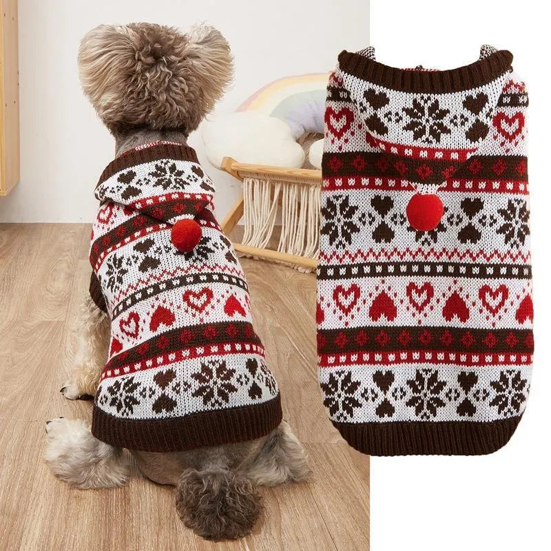 Pink, blue, and grey striped camouflage snowflake pattern knitted dog sweater for small dogs.